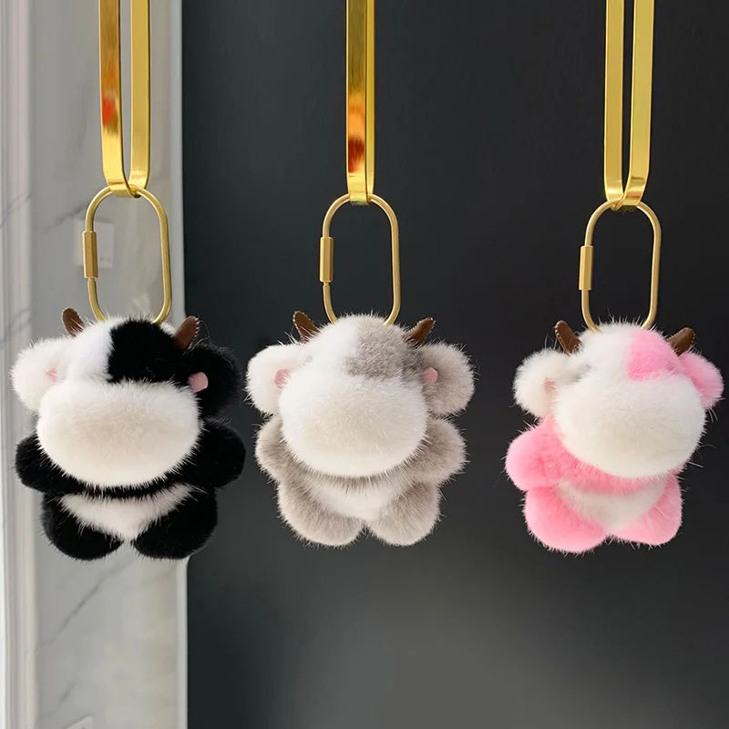 

Cute Real Mink Fur Keychain Cow Stuffed Key Chain Bag Charm Pendant Kids Plush Toy Ornament Car Keyring Trinkets Jewelry Gifts
