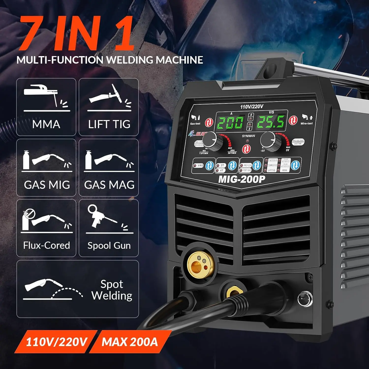 200A  7 in 1 Gas MIG/MAG/ Flux Core MIG/Lift TIG/Stick/Spot Welding/Spool Gun Multi-Process Aluminum