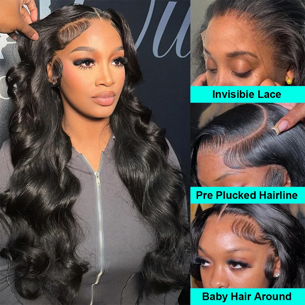 Peruca de cabelo humano transparente para mulheres negras, perucas frontais hd, onda corporal, pré arrancada com cabelo de bebê, macia, densidade de 200%, 13x6