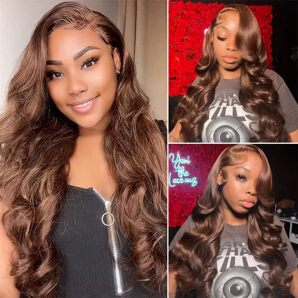 26 28 Chocolate Brown Body Wave Lace Front Wig Transparent 13x4 HD Lace Frontal Wigs Preplucked Colored Human Hair Wigs image 4