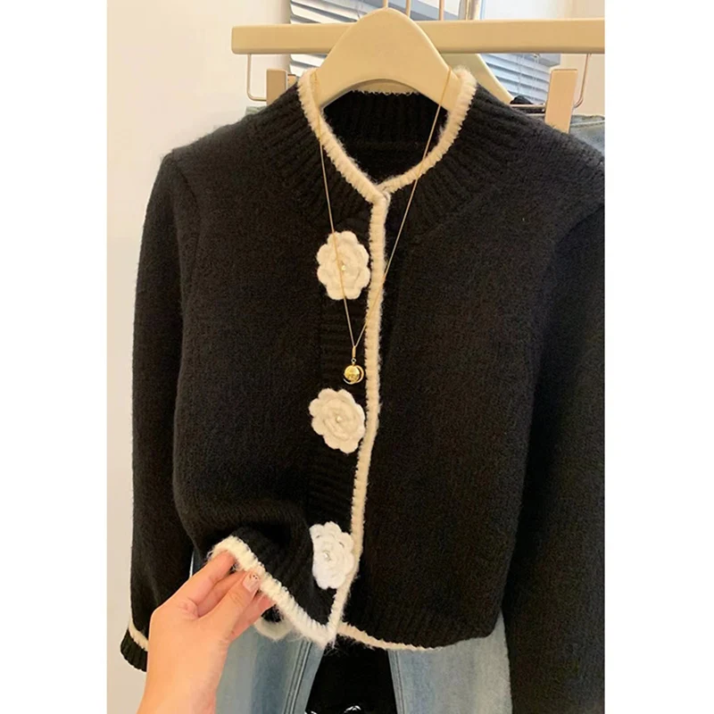 Autumn Winter Women Black Clothing Cardigan Knitting Sweater Long Sleeve Round Neck Casual Fashion Coat Female Flower Design Top