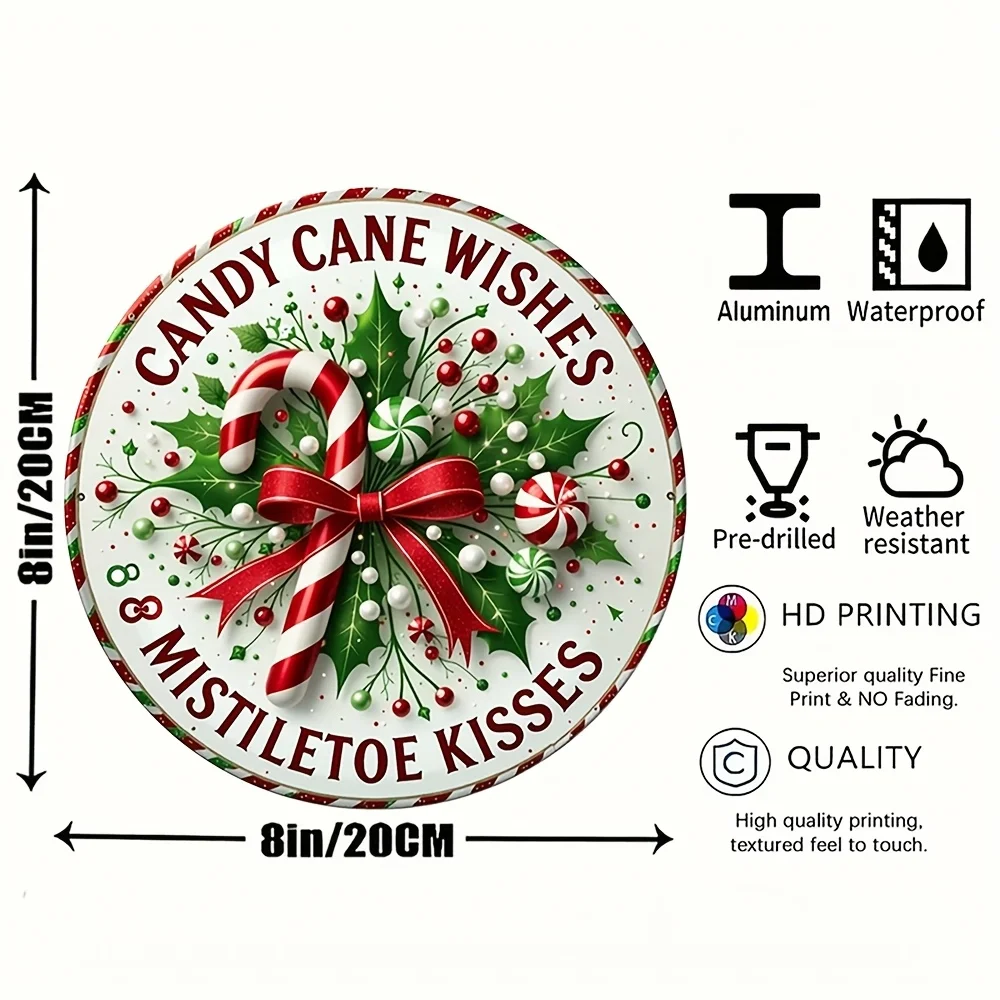 Room Decor 1pc Vintage Aluminum Sign, 8-Inch Round, Candy Cane & Mistletoe Design, Reusable Wall Art Decor for Home, Bars, Cafes