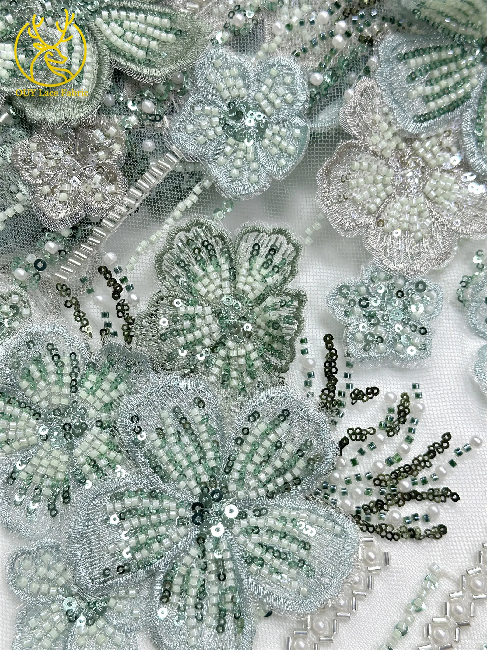 Maßgefertigter Luxus 3D Handbestickter Blumen-Spitzenstoff Hochwertige Afrikanische Perlen-Pailletten-Spitze für Hochzeitskleider und Näharbeiten – Detail 20