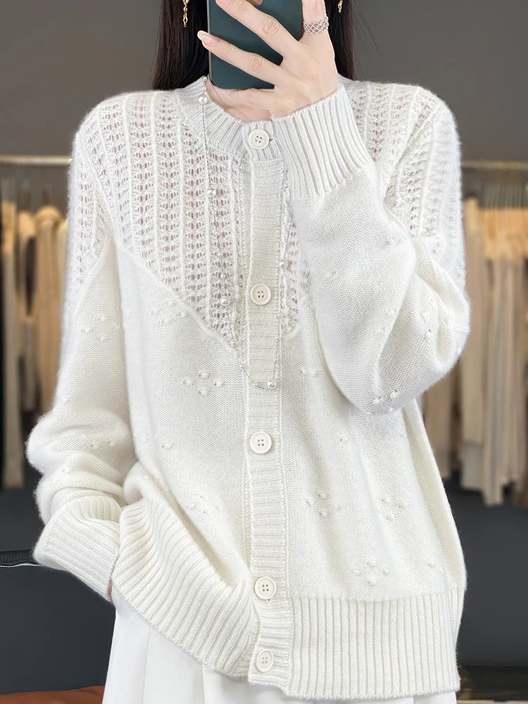 

New Women Cardigan100% Australian Wool Sweater Exquisite Knitwear Autumn Winter Soft Coat Jacquard Hollow-out High-grade Fashion