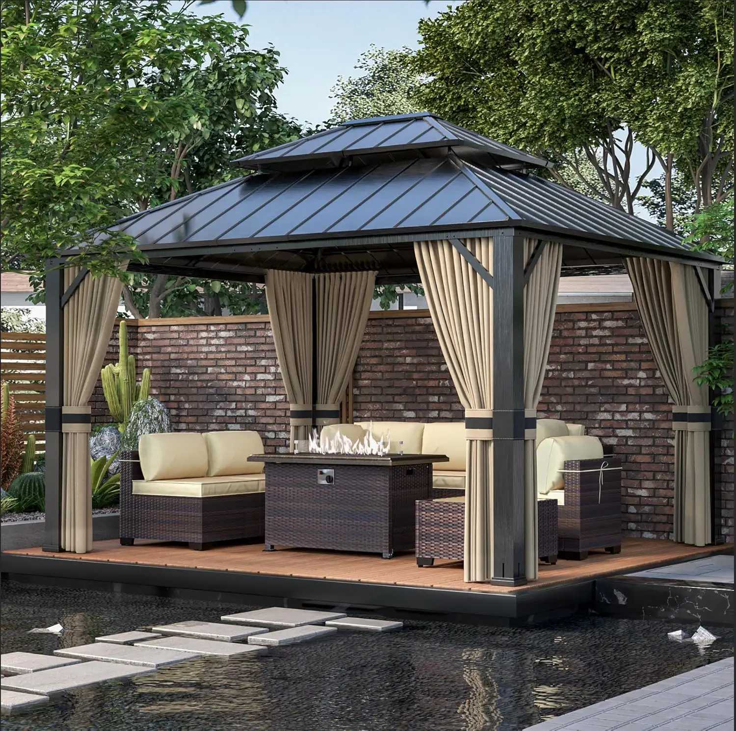 12x14ft Hardtop Double Roof Gazebo Galvanized Iron Frame Outdoor Pavilion Garden Tent for Courtyard Backyard Deck Grass, Custom