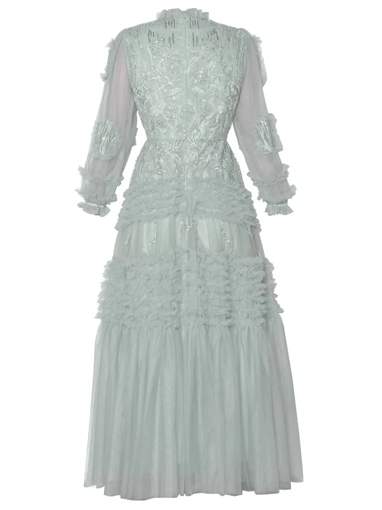 DSXDFACAIRIJ-vestido Vintage de malla con bordado de cuentas y lentejuelas para mujer, vestido de baile con detalle de volantes y manga acampanada con cuello redondo, ropa femenina