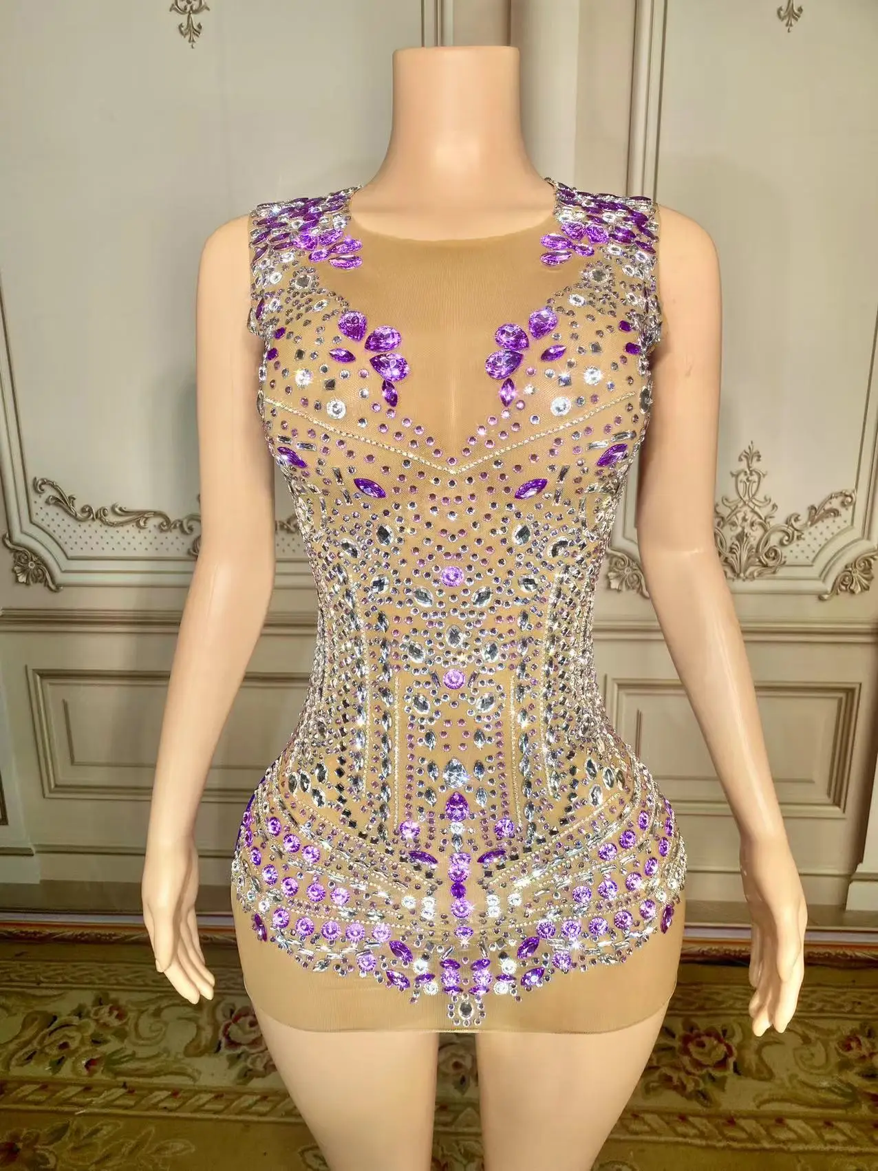 ZD Sparkly Silver Rhinestones Purple velvet Dress Female Singer Crystals Outfit Nightclub Birthday Party Stage Clothing