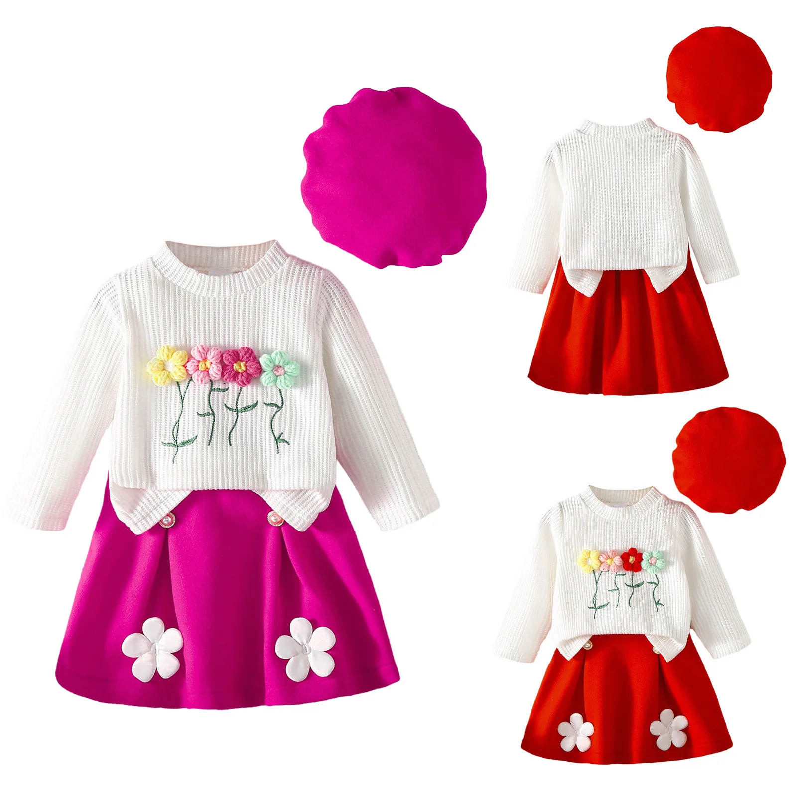 

Toddler Baby Girls Clothes Cute 3D Flowers Long Sleeve Shirt Tops with Ruffled Skirt Hat Infant Birthday Party Casual Outfits