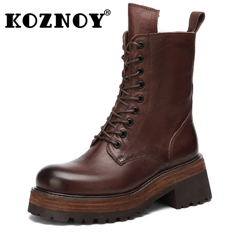 Koznoy 5cm Natural Genuine Leather Platform Women Ankle Mid Calf Boots Spring Autumn British Ladies Moccasins Motorcycle Shoes