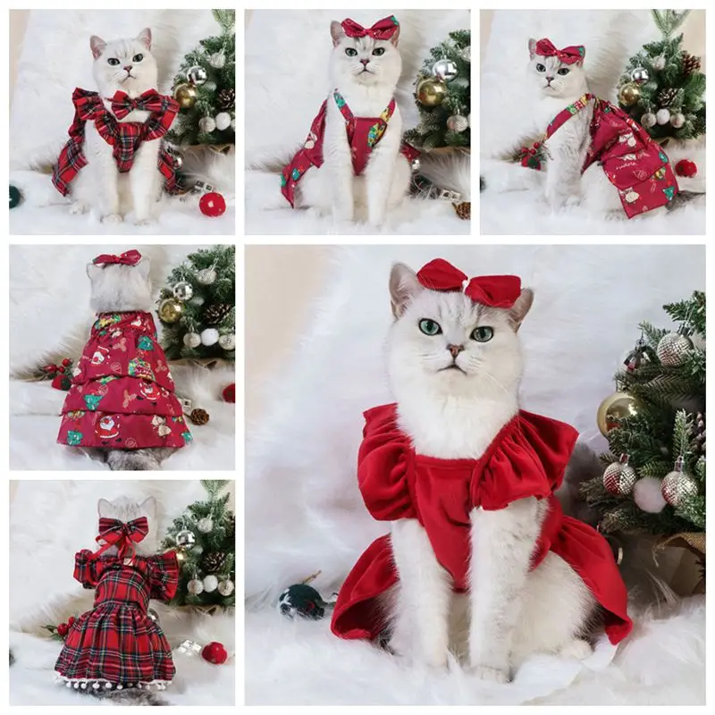 Pet Cat Dress Clothes Christmas Dog Dress Dog Slip Dress Coat Dress Red Skirt Costume Pet Cat Warm Dress Bow Skirt Pet Costume