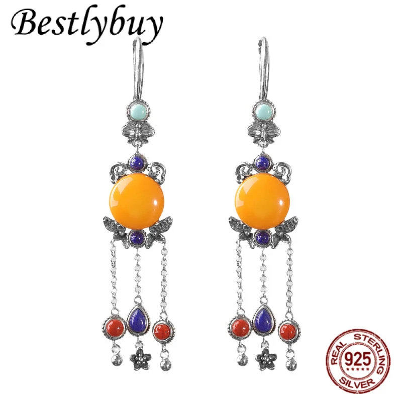 

Серьги из натурального лазурита и бирюзы с серебром S925, уникальный дизайн, разноцветные камни, подвески из желтого воска, подарок для женщин