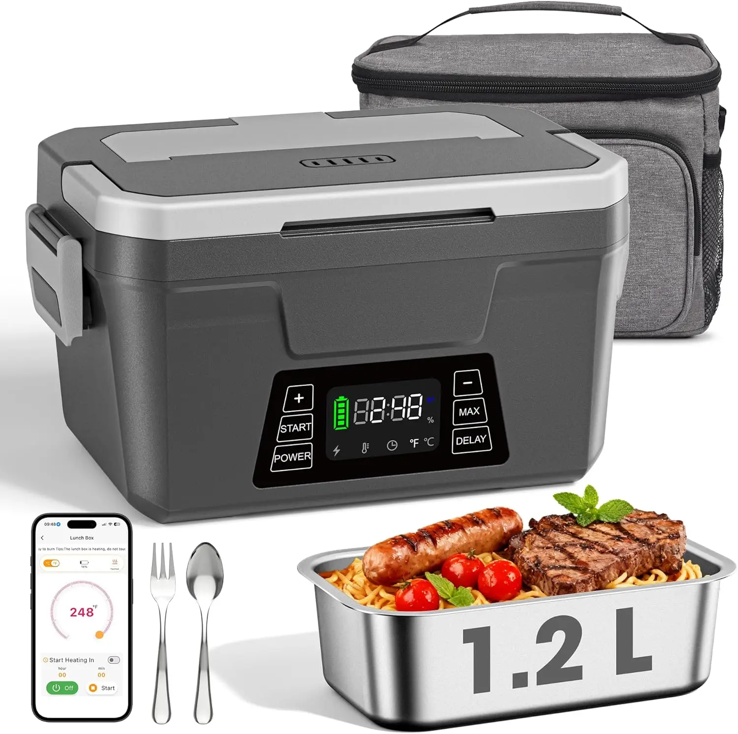 

Cordless Electric Lunch Box for Adults, 1.2L Portable Heated Food Warmer with APP Control, Battery Powered, Auto Heating