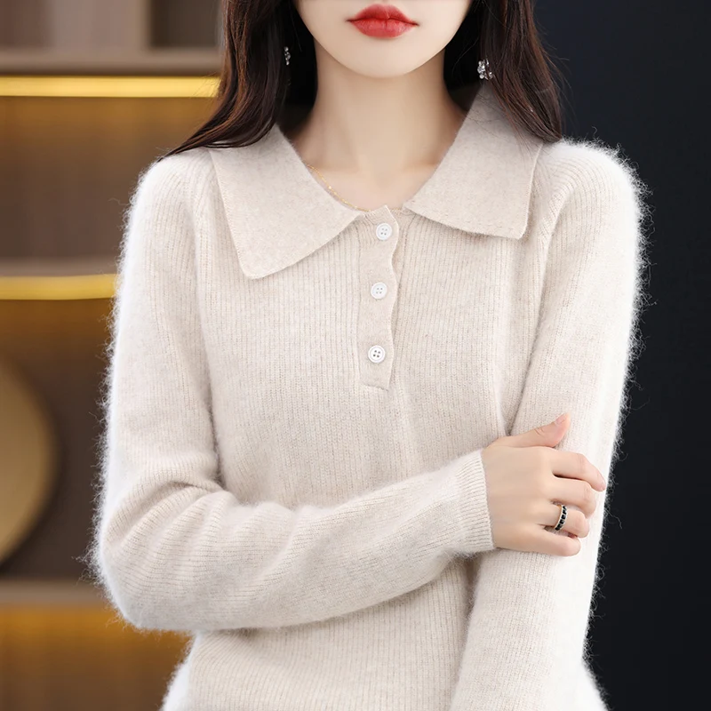 2023 Autumn Winter New Mink Fleece Knitwear Women's POLO Neck Long Sleeve Pullover Solid Loose Comfortable Three Button Knitwear