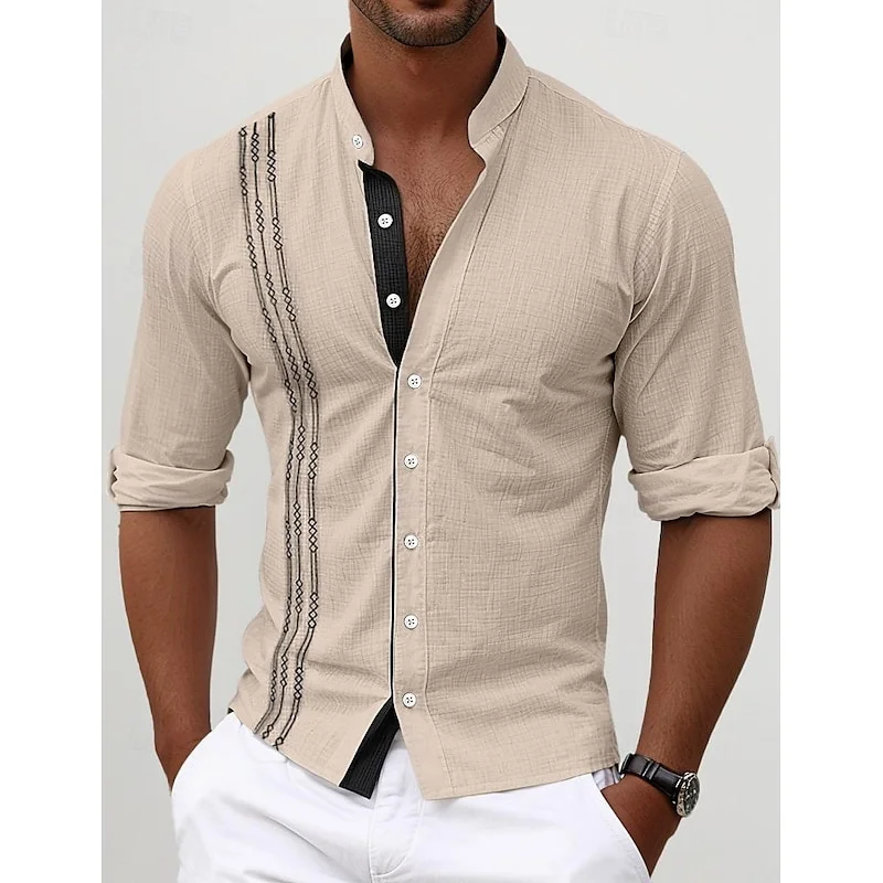 

New cotton and linen hot selling men's long sleeved shirt summer solid color stand up collar casual beach style plus size