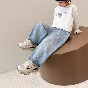 2026 Spring Autumn Kids Girl Jeans  Trendy Loose Casual Kids Denim Pants with Embellishments Children Girls Shiny Trousers 4