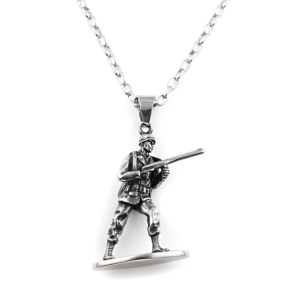 Classic Army Standing Soldier Hold Rifle Pendant Necklace for Women Men 316L Stainless Steel Military Biker Chain Jewelry Gift