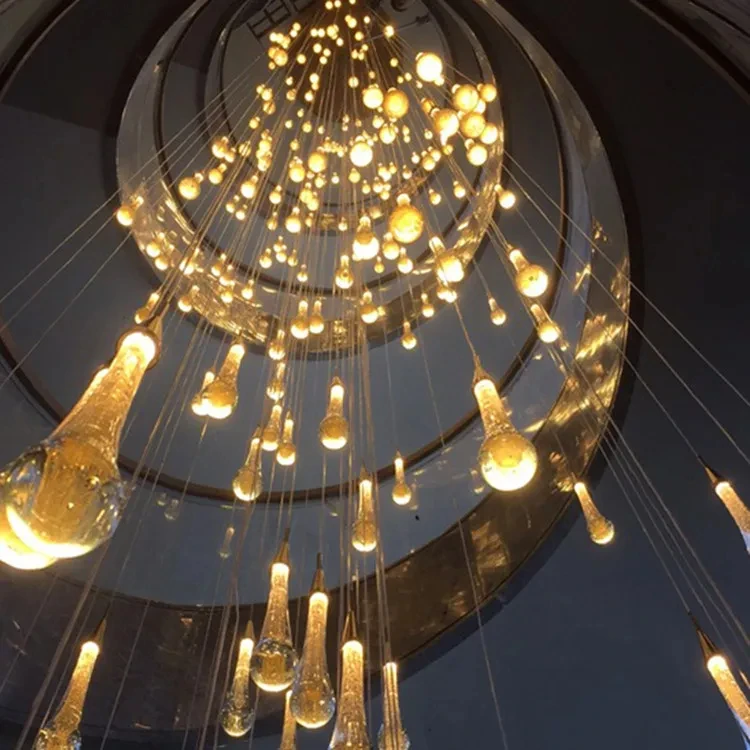 

Nordic Gold raindrop shape Led Long Crystal Chandeliers Ceiling Luxury Loft Stairs Indoor Decor Brass Hanging wire Adjustable