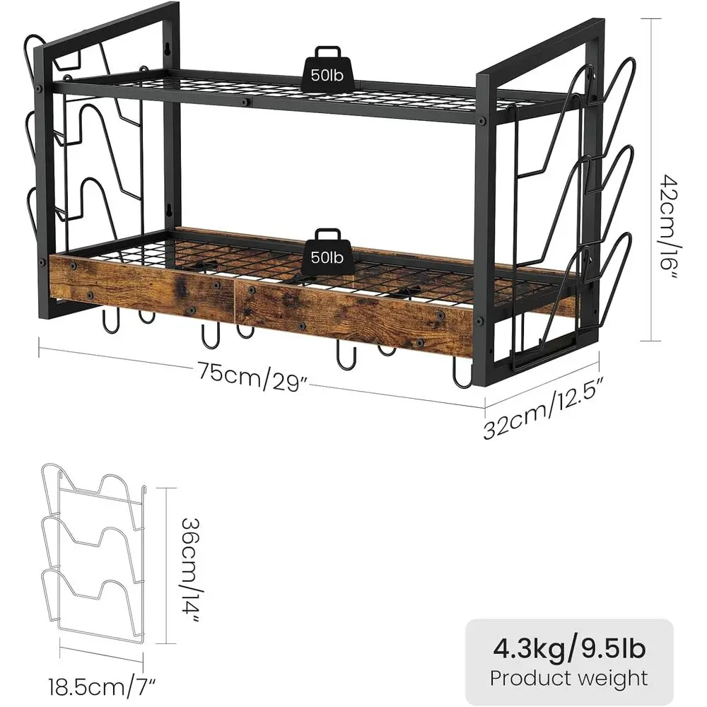 رف أوعية مثبت على الحائط من طبقتين، 12 خطافًا، منظم تخزين المطبخ للأواني والمقالي والأواني والبني الريفي TPR02BF #2