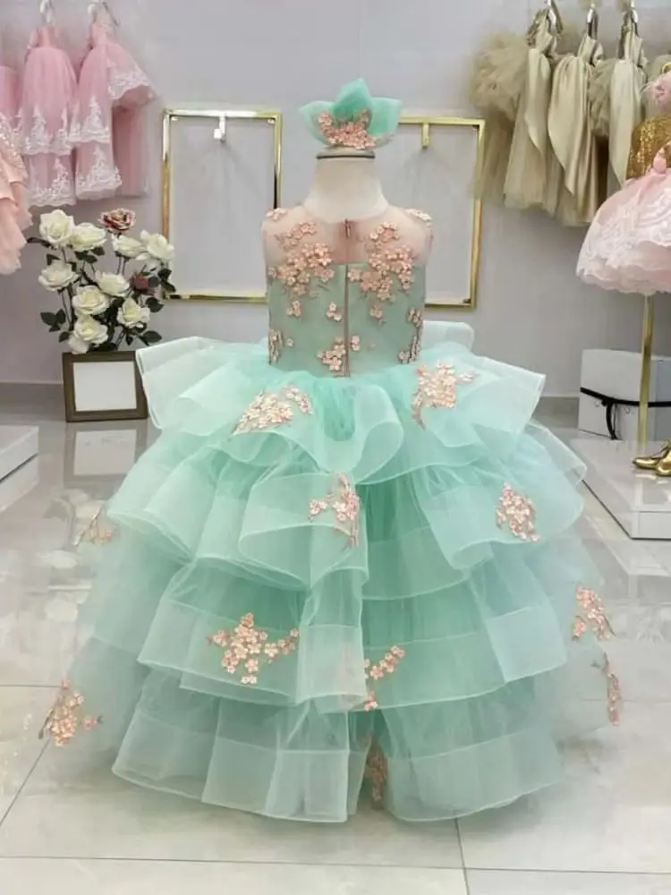 Customized Flower Girl Dress for Wedding Mint Green Rose Gold Applique Sleeveless Multi‑Layer Ruffle Tulle Long  Pageant