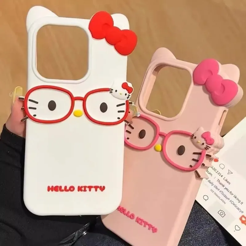 

new kawaii glasses Hello Kitty Silicone Drop-Proof Phone Case for iPhone 13 16 Pro Max 15 16Plus 14 Pro 12 ProMax 11pro 11