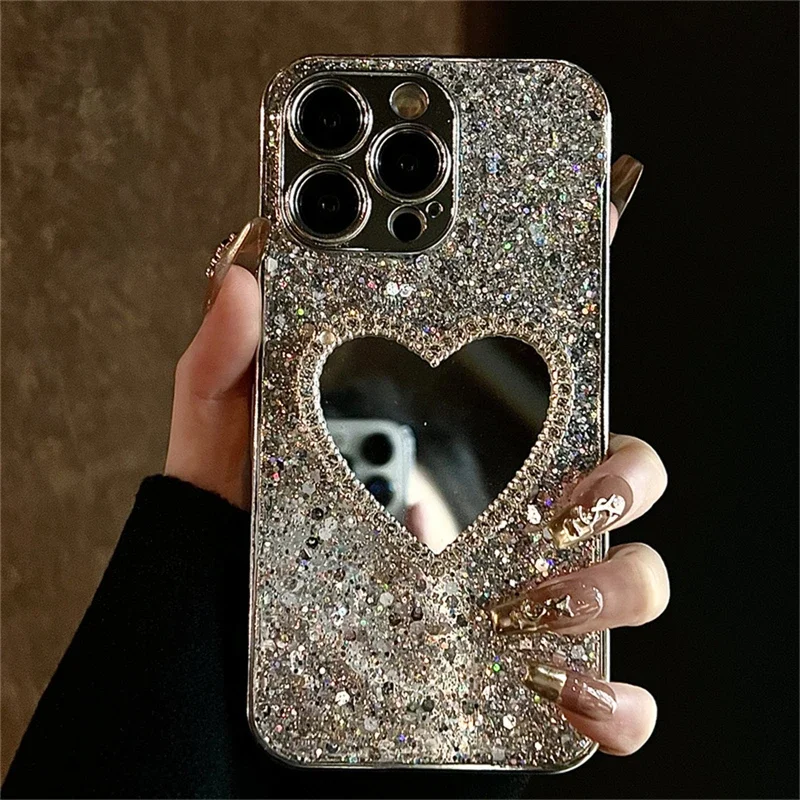 Luxury Bling glitter plating 3D love heart mirror sequins phone case for iPhone 15 14 13 12 Pro Max ins lens protection cover