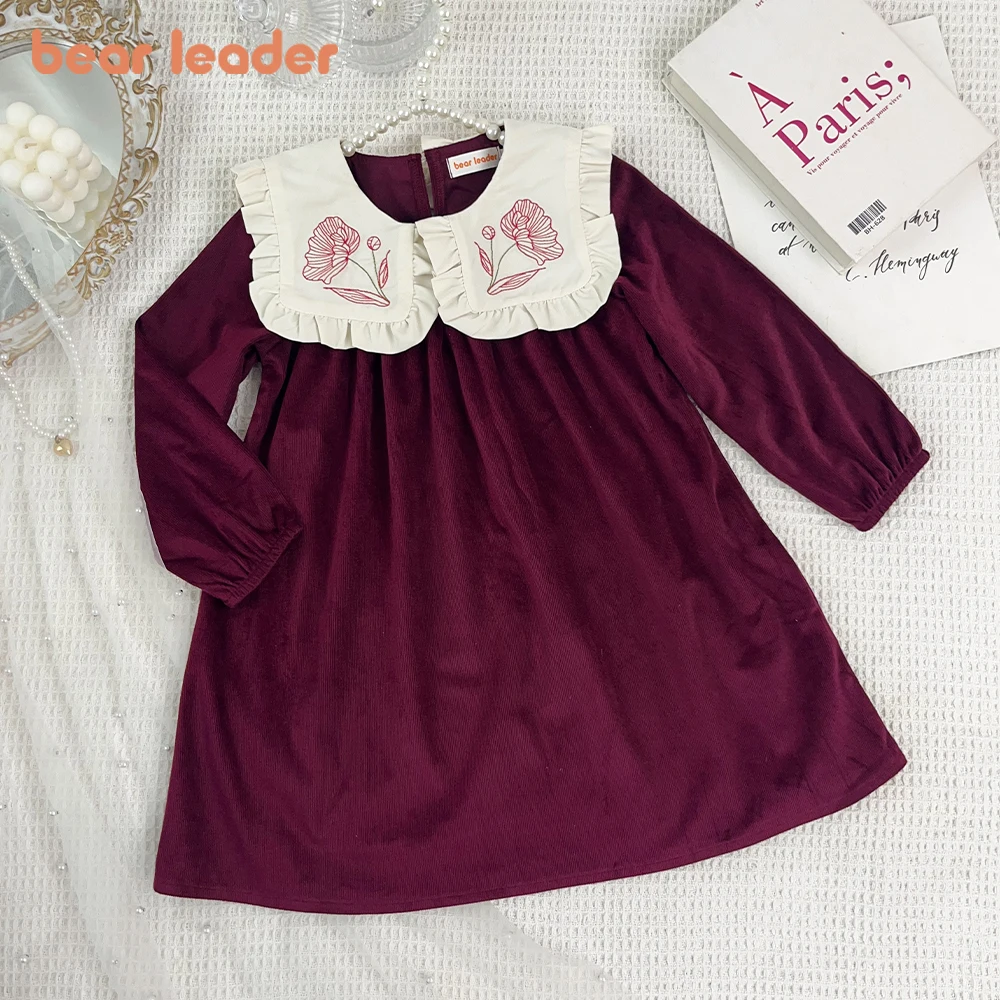 Bear Leader Wine Red Long Sleeved Autumn Girls Dresses Christmas New Year's Children's Clothing Flower Embroidery Lapel Dress