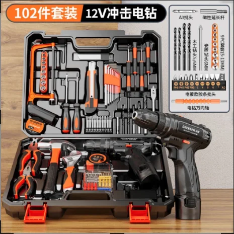 Green Forest Handheld Electric Drill Charging Household Industrial Toolbox Set 12V Dual Speed Electric Drill 102 Piece Set