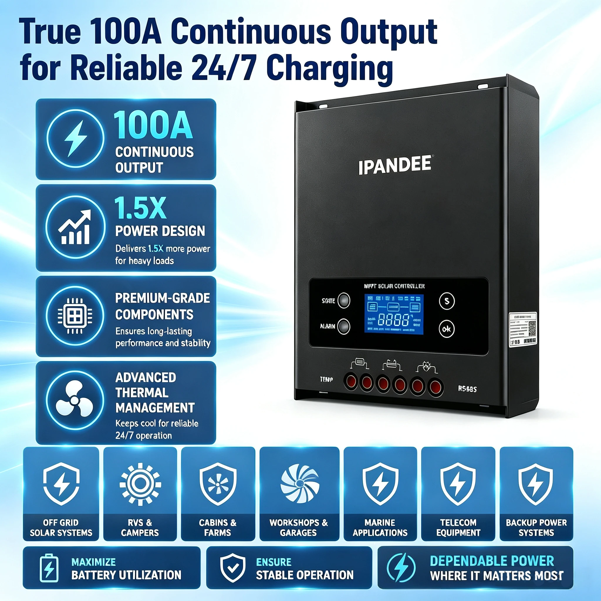 IPANDEE MPPT 100A Solar Charge Controller 250V Max PV Input 12V 24V 36V 48V Auto, 99.9% Efficiency APP Monitoring RS485 Modbus Support for Lithium/Lead-Acid