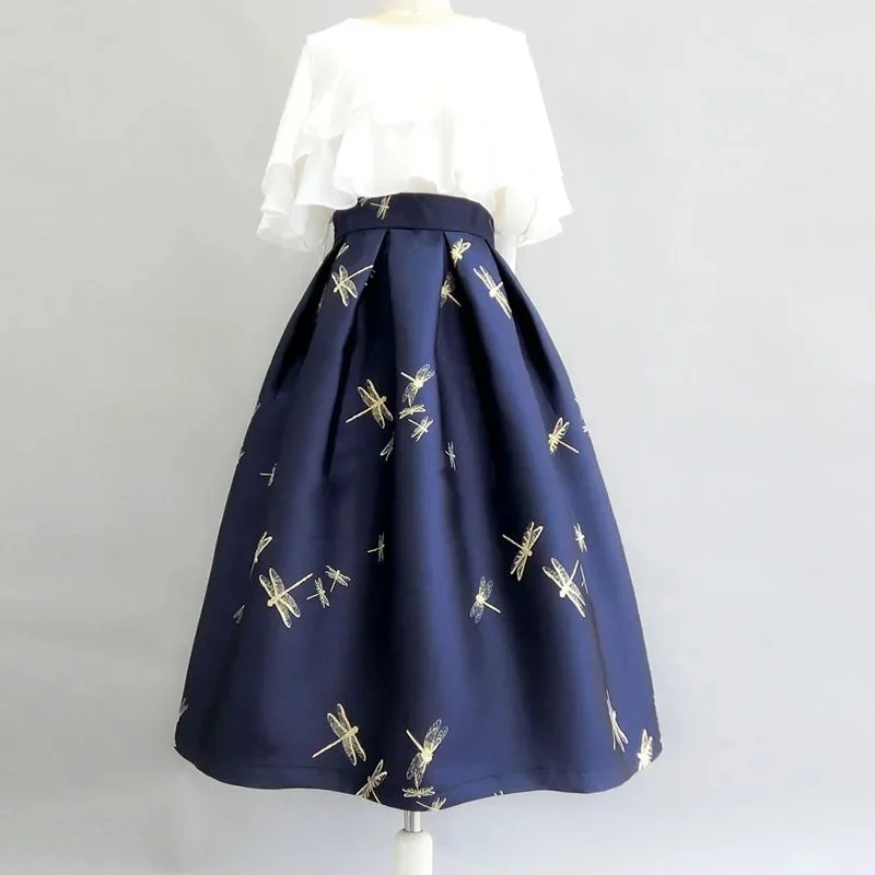 

2024 Spring Summer Hepburn Vintage Elegant Printing Jacquard Skirt Women High Waist Long Midi Pleated Skirt Faldas Mujer Mod