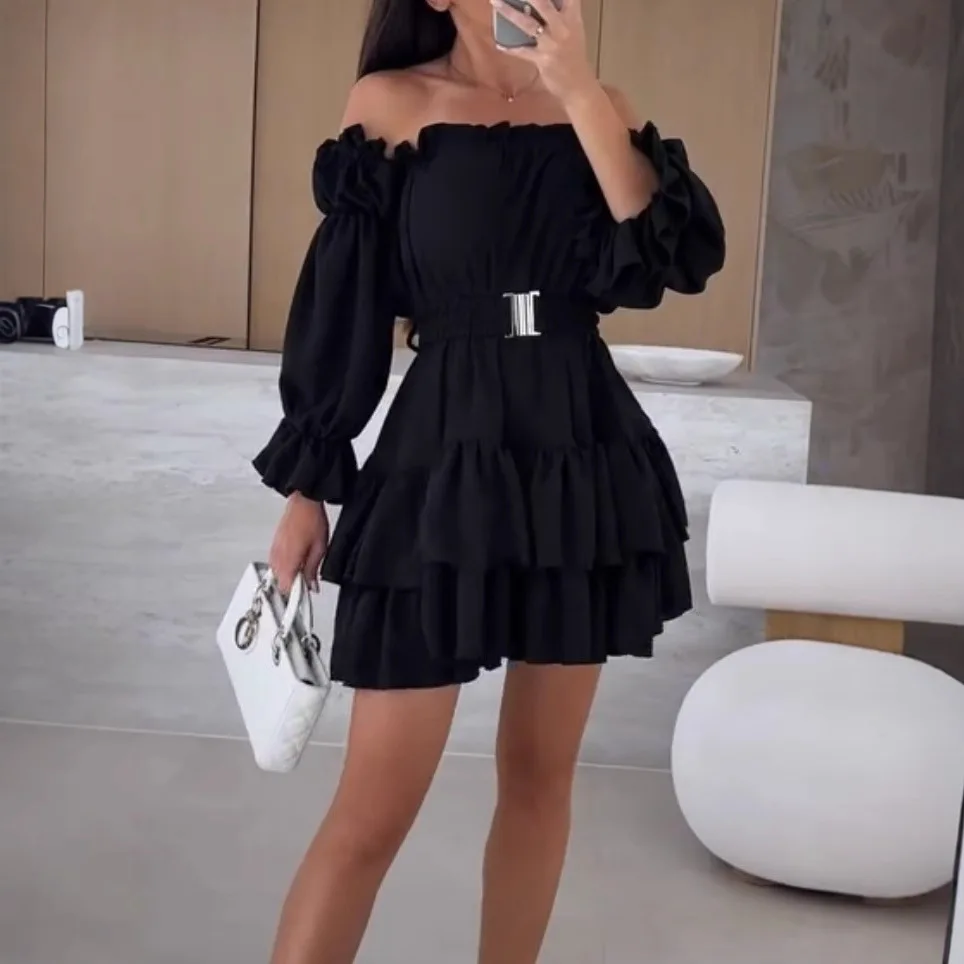 

Spring and summer new women's fashion casual solid color one-word shoulder waist dress