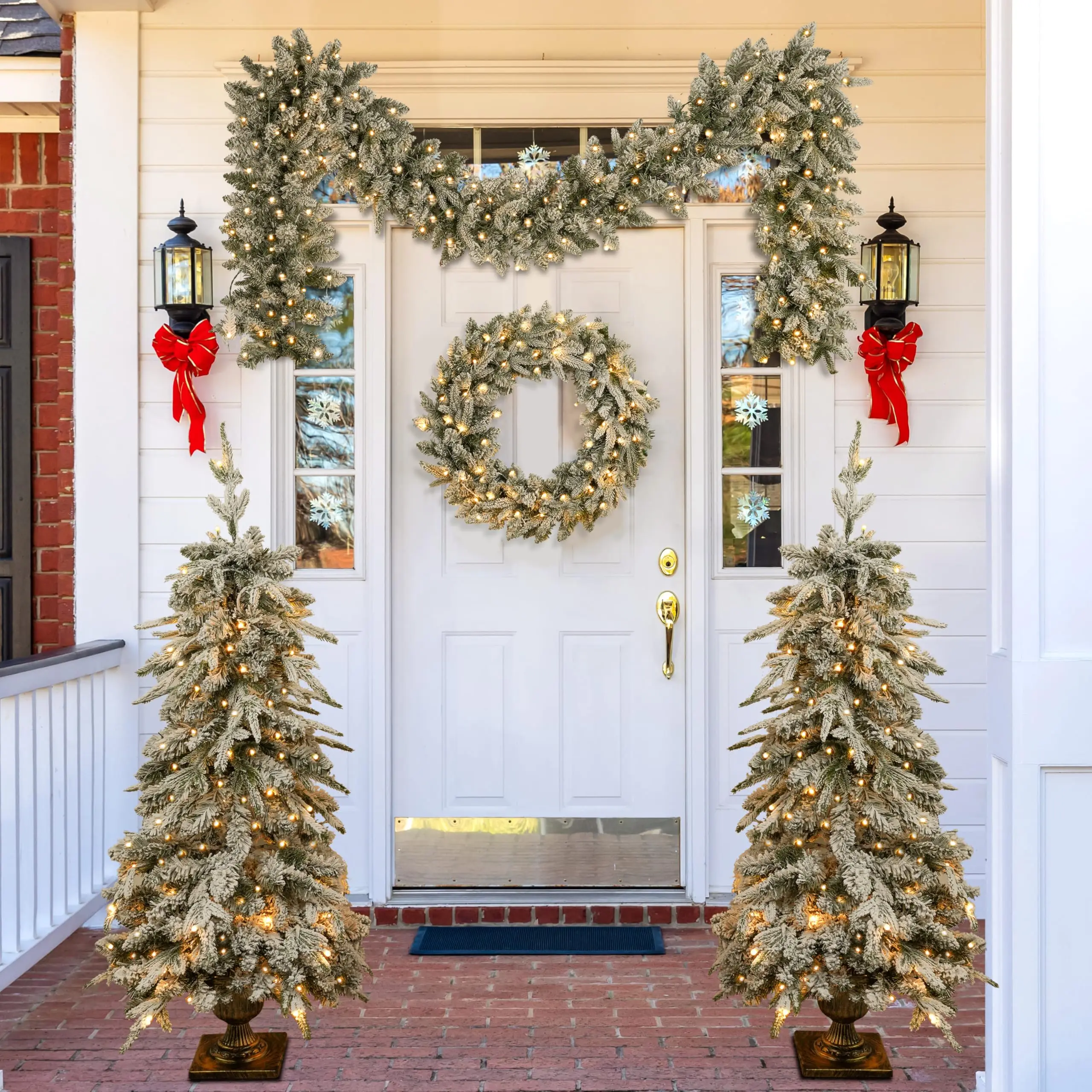 Prelit Christmas Tree Set of 4, Potted Christmas Trees Wreath Garland
