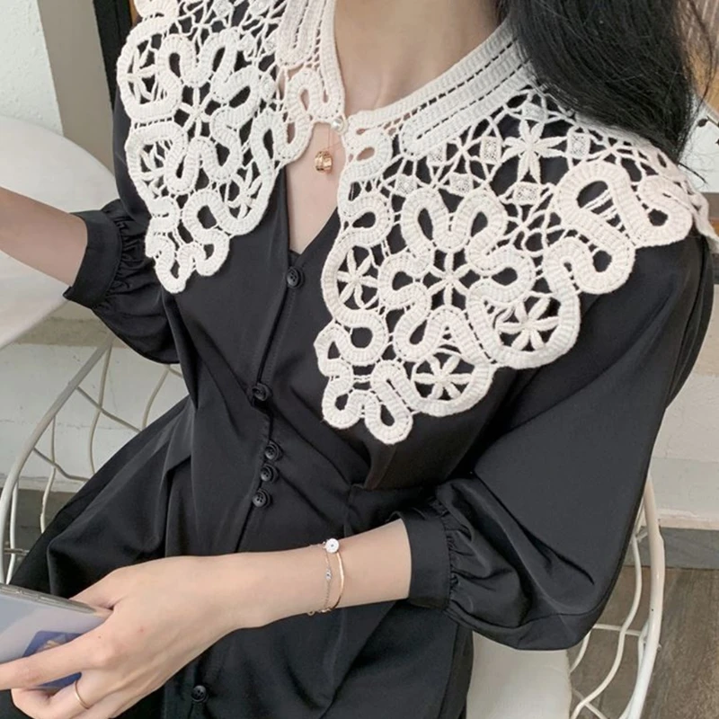 Korean Hollow Out Knit Fake Collar Shawl Faux Pearl Button Scarf Necklace Solid Color Floral Lace Lapel Blouse Mini Cape