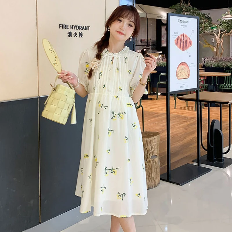 

2024 Pregnant Women's Summer Clothing Ruffled Collar Chinese Style Fashion Maternity Floral Dress Sweet Pregnancy Midi Dresses