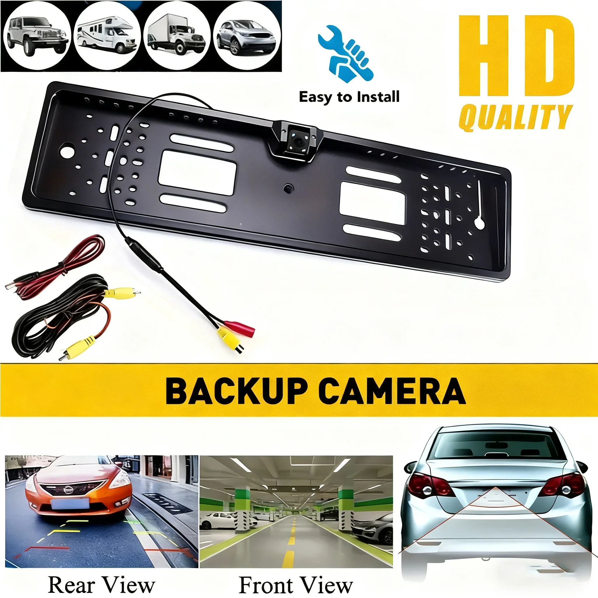 4/8/12LED European License Plate Rearview Camera Frame Reverse Backup Camera Night Vision for Truck Car SUV, Camper Pickup