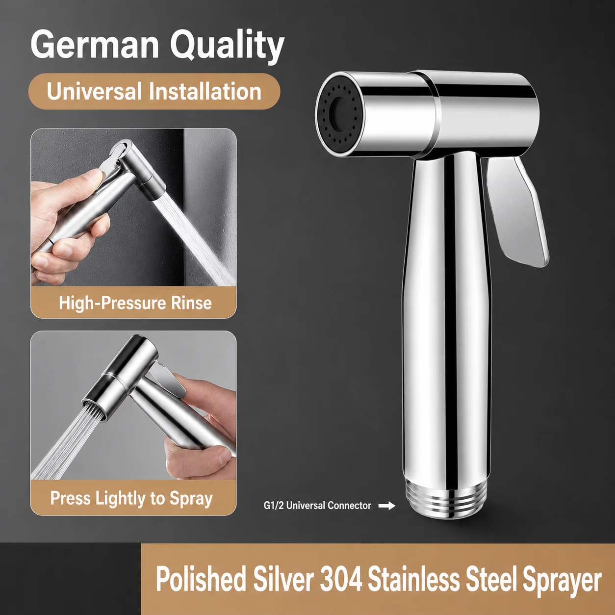 304 Edelstahl Bidet-Sprühgerät Hochdruck-Handbrause Toiletten-Shattaf-Sprühpistole für Badezimmerreinigung und Tierwäsche G1/2 Anschluss