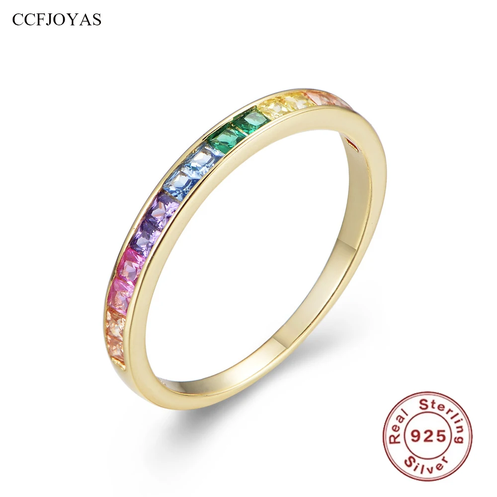 CCFJOYAS anello in argento Sterling 925 di alta qualità con zirconi quadrati arcobaleno anello in argento placcato oro 18 carati anello da dito da donna all'ingrosso