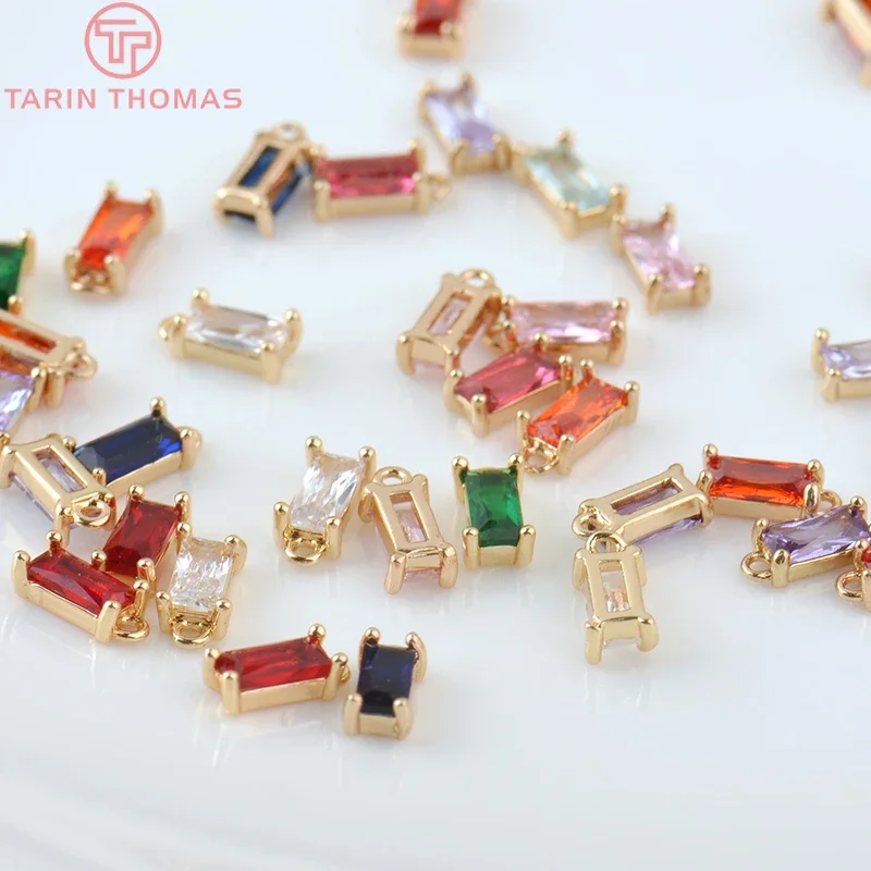 (1663)10PCS 8x4MM 24K Champagne Gold Color Brass with Glass Rectangle Charms Pendants for Jewelry Making Finding Accessories