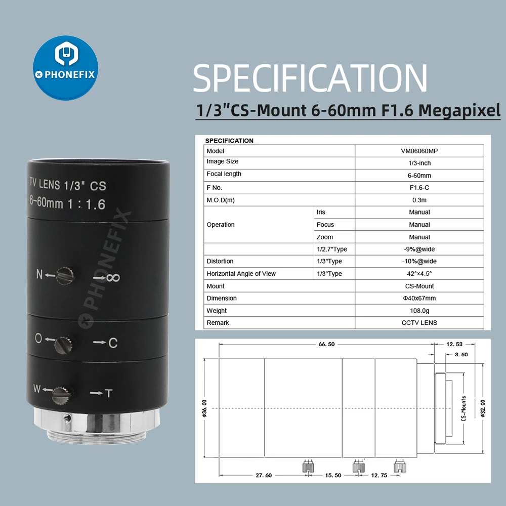 Cctv Ccd Camera Doos Usb Surveillance Camera Lens 6-60Mm 1/3 "Cs Mount Lens Ir F1.6 Handleiding zoom Industriële Microscoop Varifocale