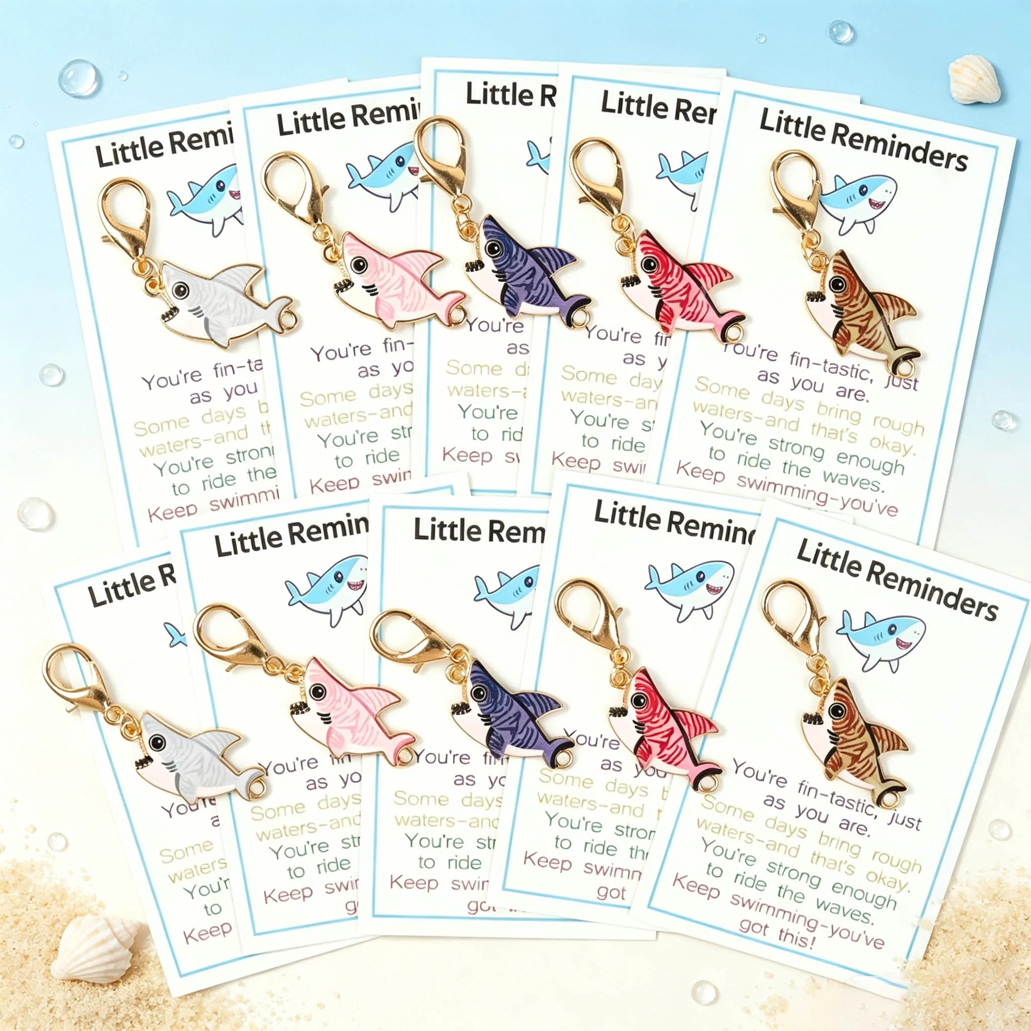 5 ou 10 pièces de porte-clés requin bleu en alliage tendance, avec carte de rappel encourageante, design océanique simple, pendentif décoratif pour sac à dos, cadeaux de fête.