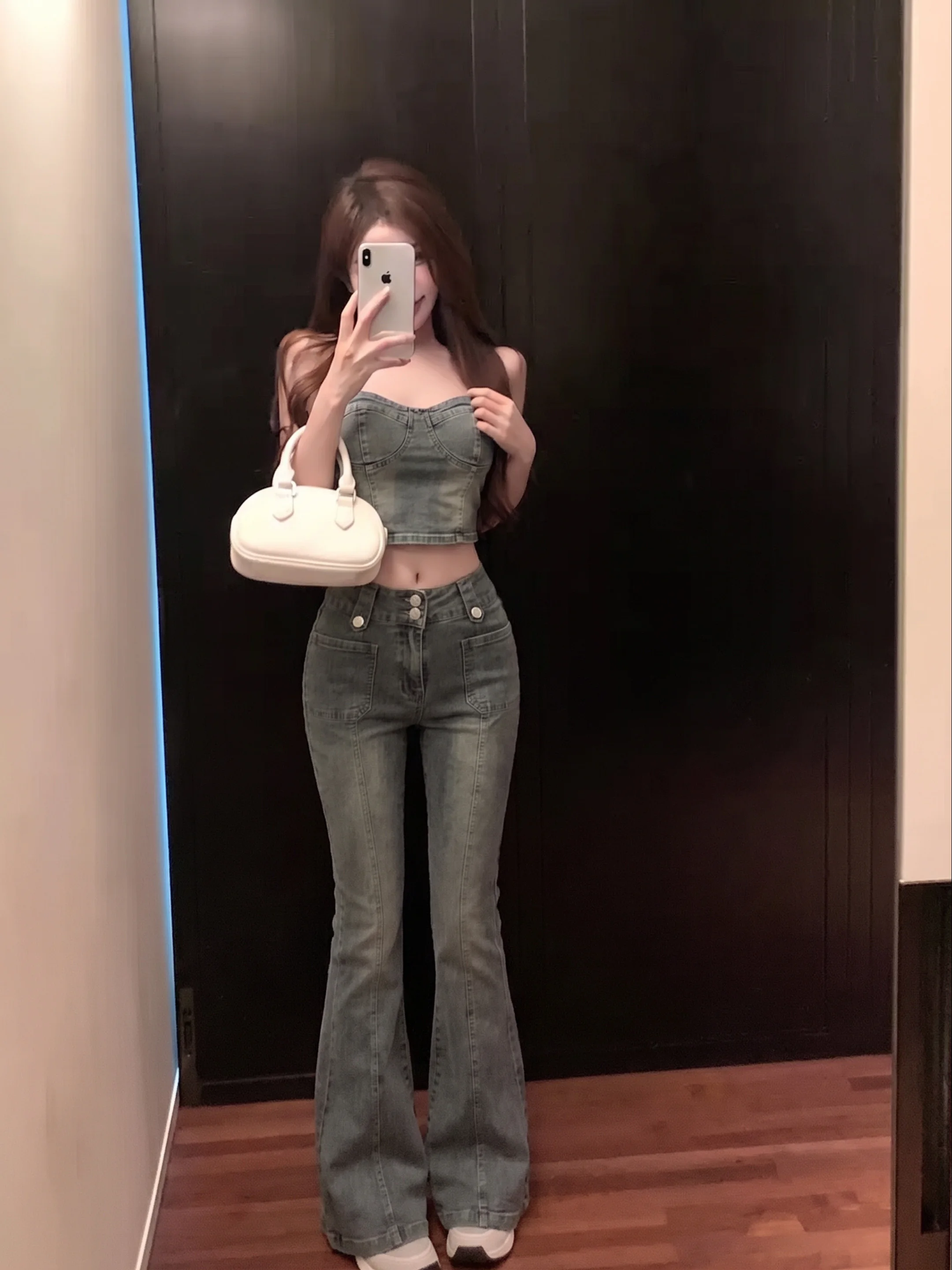 High Waist Bell Bottom Jeans Women's Summer New Style Retro Casual Versatile Slimming Long Pants Small Size Denim Blue Cotton