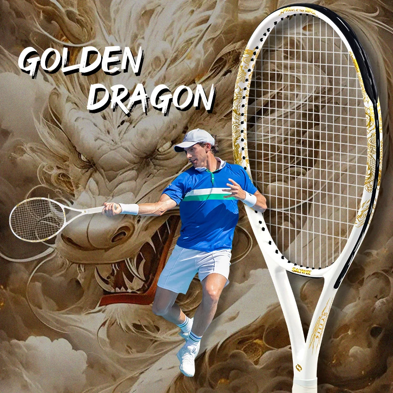 

Теннисная ракетка из углеродного волокна Golden-Dragon для взрослых, идеально подходит для тренировок среднего уровня, в китайском стиле с изображением дракона, 50~60 фунтов, бесплатные подарки