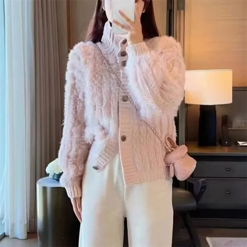 

Spring Autumn Imitation Mink Fur Cardigan Sweater Women Korean Loose Soft Knitted Jacket Fashion Single-breasted Knit Cardigans