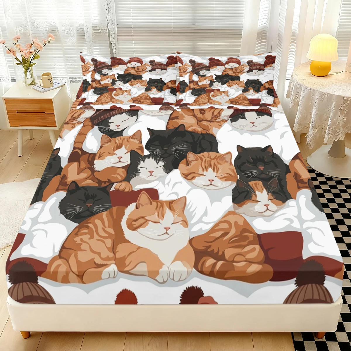 3PCS Cute Sleeping Cat Fitted Sheet Set, Elastic Mattress Cover with Pillowcases, Cartoon Kitten Print Bedding for Bedroom Decor