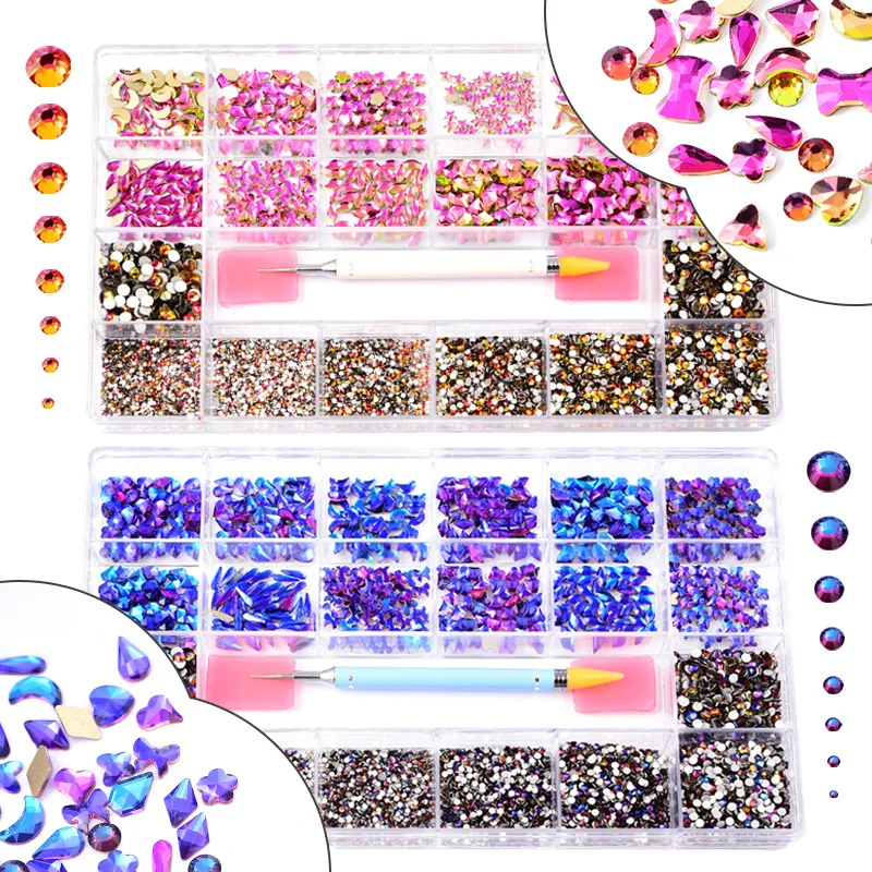 

Luxury Shiny Diamond Nail Art Rhinestones Kit Glass Crystal Decorations Set 1pcs Pick Up Pen In Grids Box 21 Shapes of 2500pcs