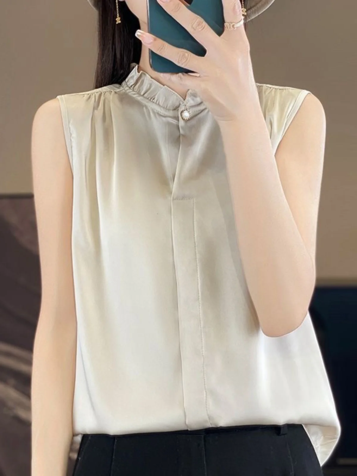  Silk Satin Blouse Women's Sleeveless Summer Inner Wear Suiting Acetate Vest Top Lace Korean Style Loose Fit Shirt