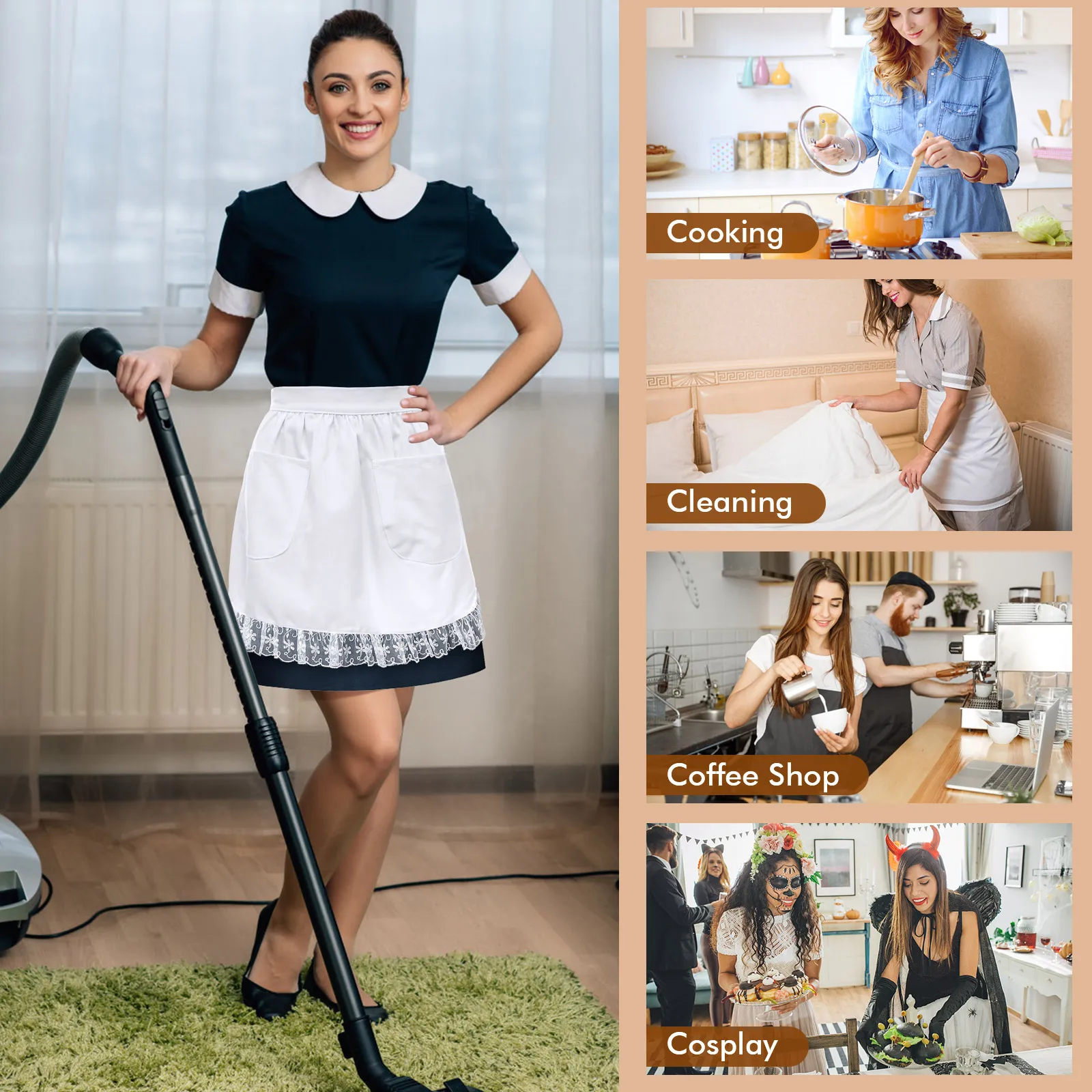 

Short Lace Apron White Cotton Waist Frilly Women Girls Outfits Pockets Duster Overalls Kitchen Cafe Hotel Restaurant Use