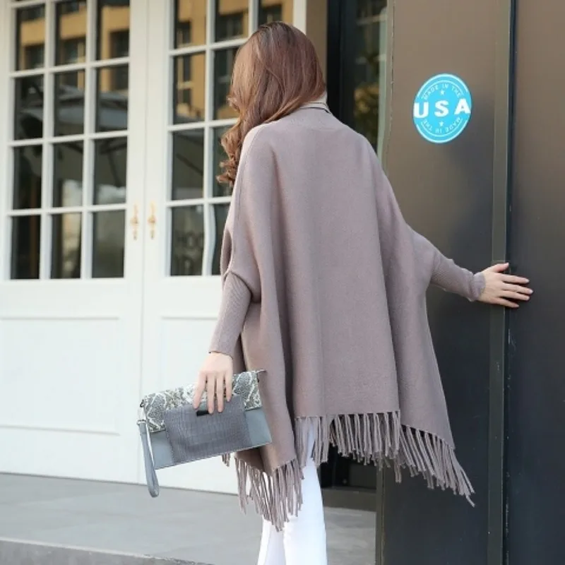 

High neck sweater autumn women's batsleeved loose tassel solid color pullover knitted sweater jacket top