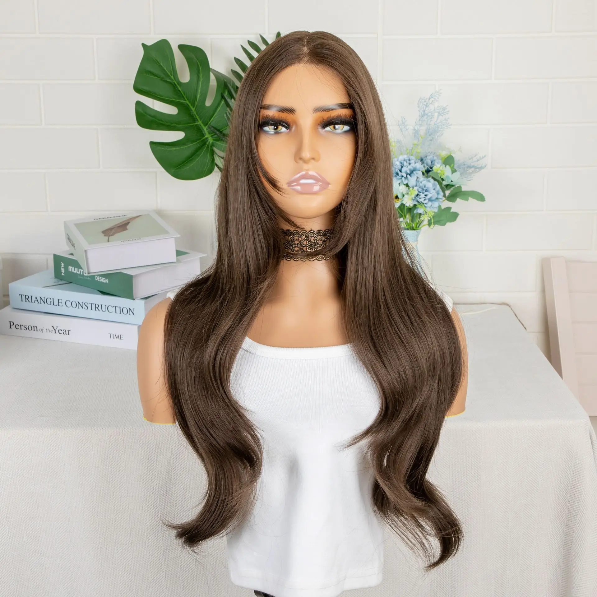 women lace chemical fiber headgear brown bangs with long curly Wig