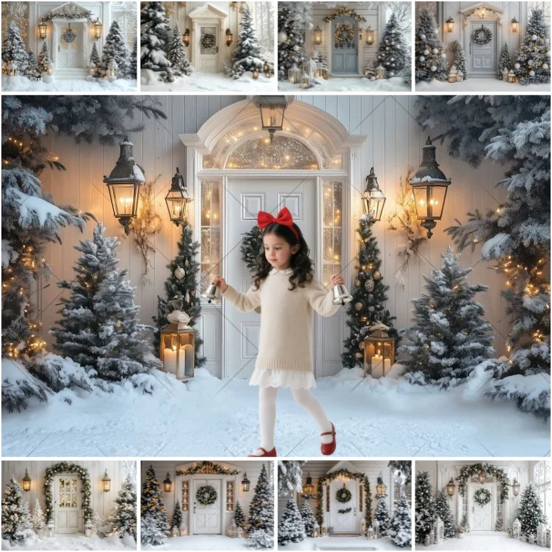 Winter Snowy Christmas Photography Background White Wood Door Family Portrait Photographic Party Decor Backdrops Photo Studio