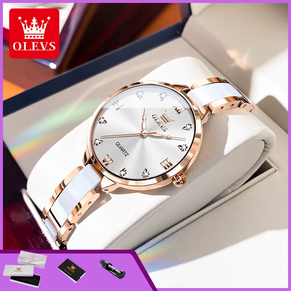 

OLEVS 5872 Top Brand Women's Wristwatches Luxury Elegant Steel Ceramic Strap Hand Clock Original Quartz Movement Watch for Woman